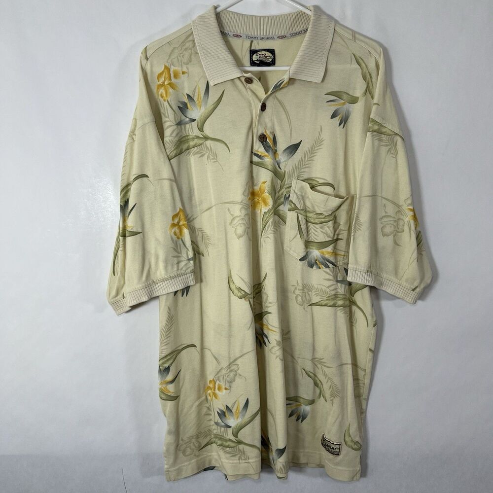 Vintage Tommy Bahama Polo Shirt Mens Size Large Beige Floral Short Sleeve Pocket